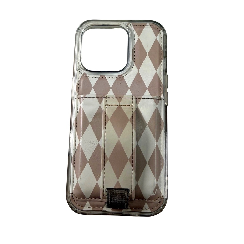 WALLI iPhone 16 Pro Case Tan Cream Diamond Print Finger Strap Card Holder
